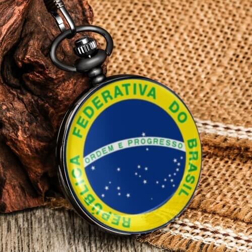 ORDEM E PROGRESSO Pocket Watch Brazil Chic Pattern White Quartz Dial Smooth Black Cover Pendant Thick Chain Men Women Unisex