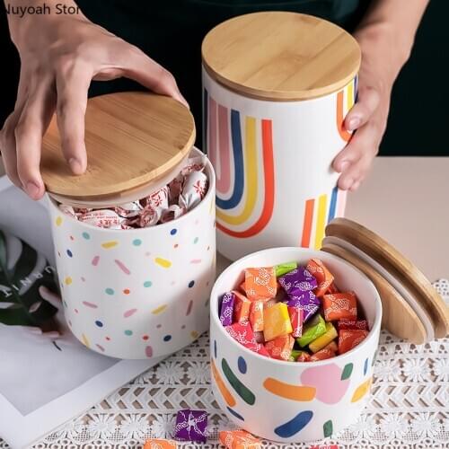 Nordic Ceramic Sealed Jar Wooden Lid Creative Rainbow Cute Storage Jar Dried Fruit Snack Jar Kitchen Supplies Cereal Dispenser