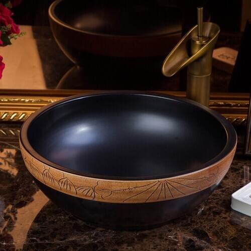 China Artistic Handmade Ceramic wash basins Lavobo Round Counter top cabinet wash hand black ceramic wash basin bathroom sink