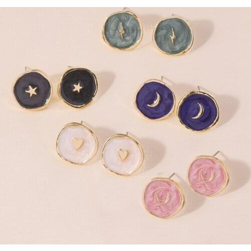 Korean Alloy Cute Drop Oil Love Moon Star Lightning Stud Earring for Women Round Enamel Earrings Fine Ear Cuff Set Jewelry Rings