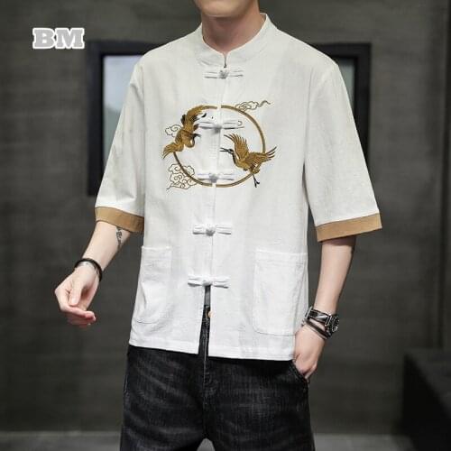 Summer Chinese Style Crane Embroidery Short Sleeve Shirt Stand-Up Collar Disc Button Tang Suit Plus Size Blouse Men Clothing