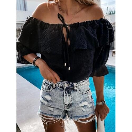 Fashion Women Summer Off Shoulder Tshirt Ruffle Shirts Sexy Solid Tops Ladies Elegant Mid-Sleeved Shirt Top Commute Clothes