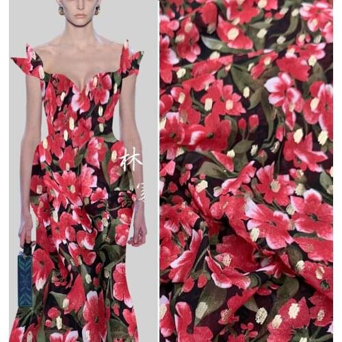 21 New Fashion Printing Bronzing Chiffon Fabric Retro Small Red Flower Dress Shirt Big Swing Skirt Clothing High-end Fabrics