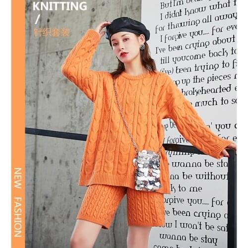 2021 Spring Autumn New Knit 2Piece Set Women Solid Korean Sweater And Pants Two Piece Outfits Vintage Womens Knitting Suits