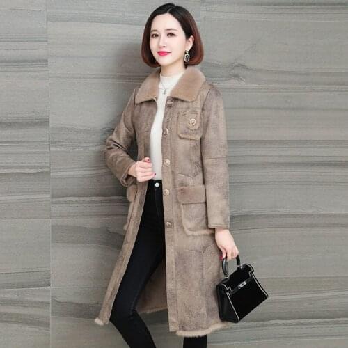 Natural Rabbit Double-faced Fur Integrated Mink Collar Coat Wool Liner Mid Long Full Pelt Real Leather Overcoat for Slim Winter