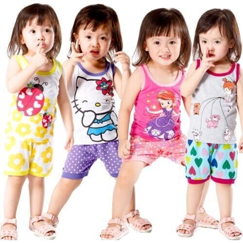 New Summer Kids Pajamas Cotton Sleeveless Girls Sleepwear Cartoon Printed Children Pyjamas Set Cute Baby Tracksuit 2-7yrs