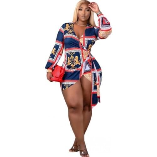 African Short Dresses For Women 3XL 4XL Plus Size Full Sleeve V Neck Slim Patchwork Summer Fashion Print African Oversize Dress