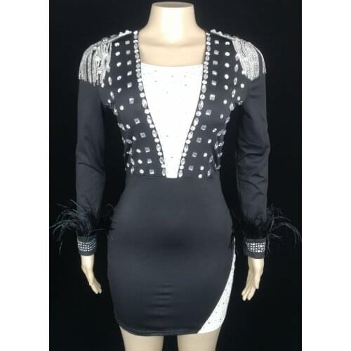 Tassels Dress Spring Women Sexy Mesh Rhinestones Long Sleeve Short Fashion Celebration Party Bar Nightclub Singer Costume