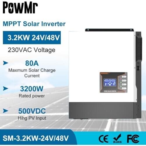 PowMr 3200W Solar Hybrid Inverter Pure Sine Wave 24/48V 230V Off Grid Inverter Compatitable With Lithum Battery WIFI Interface