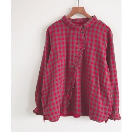 New Spring Autumn Women Plaid Shirt Loose Double Cotton Yarn Turndown Collar Long Sleeve Blouse Women