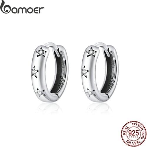 Bamoer Silver 925 Jewelry Spraking Star Minimalist Ear Hoops Earrings for Women Sterling Silver Fine Jewelry Pendientes SCE873