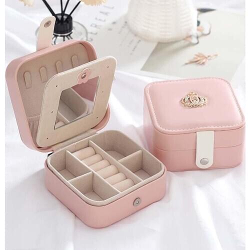 Jewelry Box Portable Faux Leather Earrings Rings Jewelry Display Case Zipper Storage Box with Mirror Travel Case