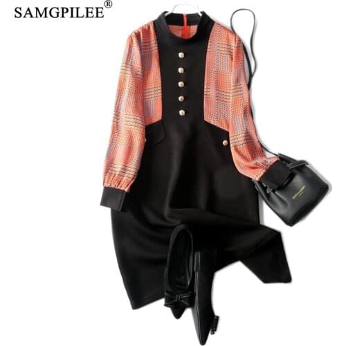 Fake Two-piece Houndstooth Stitching Space Cotton Knitted Dress Female Autumn And Winter New French Retro Dresses For Women 4XL