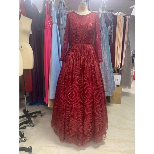 Deep Claret Evening Dress 2021 different O-neck Irregular sequins luckgirls beaded long sleeve fashion Moncini Tailor