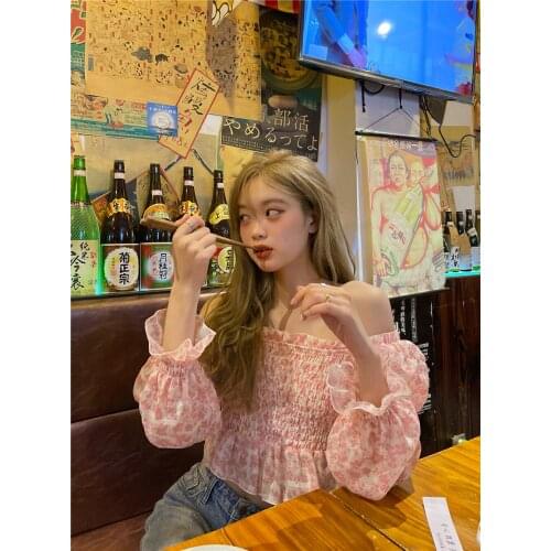 Summer pink one-shoulder puff sleeves short section chiffon shirt women
