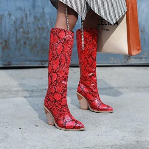 Retro western cowboy boots women color matching thick heel short boots snake high boots pointed Knights boots women boots fashio