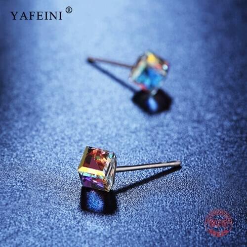 Beauty Lovely Colorful Crystal Square 925 Sterling Silver Stud Earrings Fashion Jewelry Gift For Women Brincos Bijoux Femme