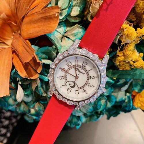 Tempting Red Watches for Women Waterproof Real Leather Strap Wrist watch Luxury Diamond Jewelry Watch Quartz Stars Moon Clocks