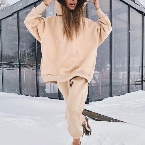 Casual Women Fleece Hoodie Two Piece Sets Oversize Pullover Sweatshirt And Elastic Pencil Pant Suits Fashion Female Sport Outfit