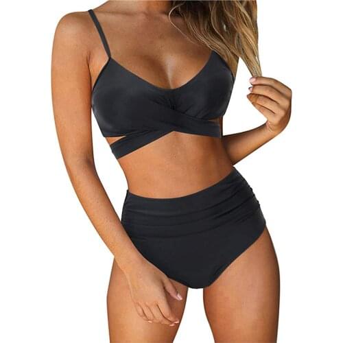 2020 Hot Summer Euro-American Sexy Sling High Waist Solid Color Split Bikini Swimsuit Women Swimming Suit 2 Piece Set