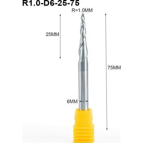 2PCS/Lot R1.0mm 6mm Shank 75L HRC55 Tungsten solid carbide Tapered Ball Nose End Mills and cone CNC Wood Metal Milling cutter