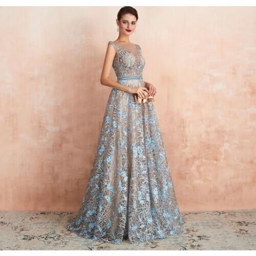 2020 Blue Lace Prom Dresses Beaded Rhinestone A Line Cap Sleeves Long Sheer Neck Evening Gowns Engagement Dress Abendkleider