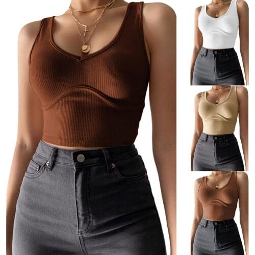 2021 Womens Summer Short Rib Knit Tank Tops Casual Sleeveless V Neck Solid Color Tight Workout Crop Tops Wholesales