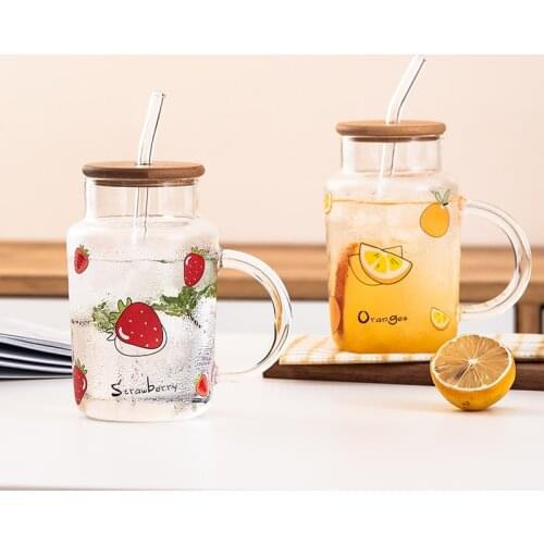 480ml Kawaii Glass Strawberry Water Bottle with Straw Heat-resistant Milk Tea Coffee Cup Portable Water Cup for Girl Kids