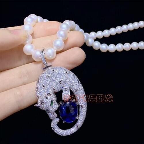 Noble natural 8-9mm white freshwater pearl necklace micro inlay zircon leopard head Clasp pendant 18inch