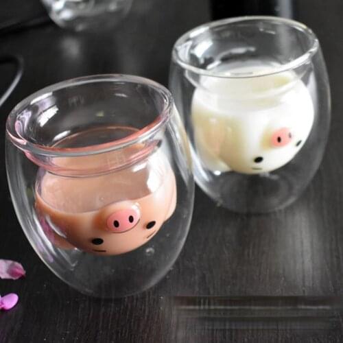 New Gift Cup Cute Cute Net Red Pig Piggy Piggy Double Anti-scalding GlassHigh Borosilicate Double-layer Heat-resistant Glass Cup