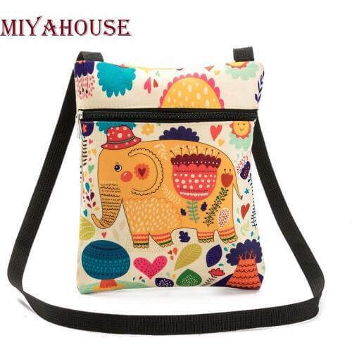 Miyahouse Colorful Cartoon Elephant Printed Messenger Bag Mini Flap Shoulder Bag Canvas Bag For Girls Summer Ladies Small Bag