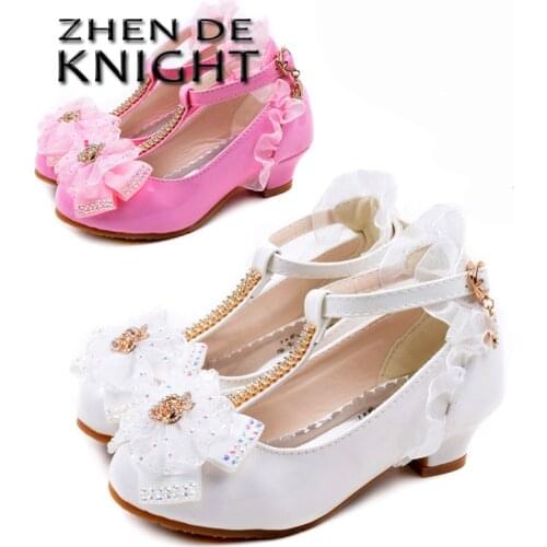 Children Party Leather Shoes Single Shoes Dance Dress Shoe White Pink Girls PU Low Heel Lace Flower Kids Shoes for Girls