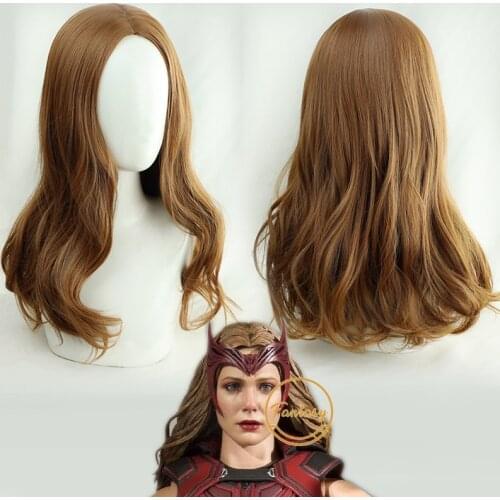 Wanda Vision Long Wavy Cosplay Wig Scarlet Witch Heat Resistant Synthetic Curly Brown Hair Cosplay Wigs + Free Wig Cap