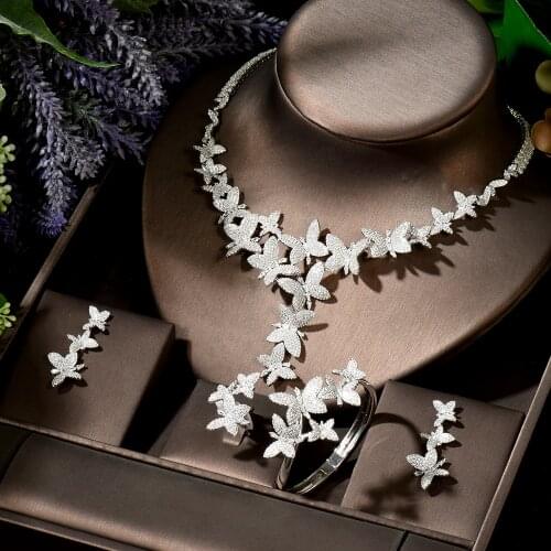 HIBRIDE Full Micro Pave 4pcs Necklace Earring Set White Color Butterfly Shape Women Fashion Jewelry Sets bisuteria mujer N-1873