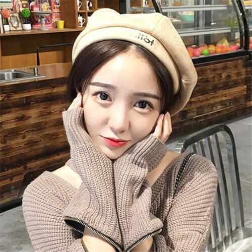 Korea edition new letter embroidery faux suede beret female qiu dong season tide joker painter wind octagonal cap in Engl hat