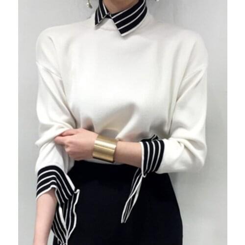 Korean Chic Autumn Winter Striped Patchwork Fake Two Piece Turn-Down Collar Sweater Knitted Basic Pullovers Sueter Mujer