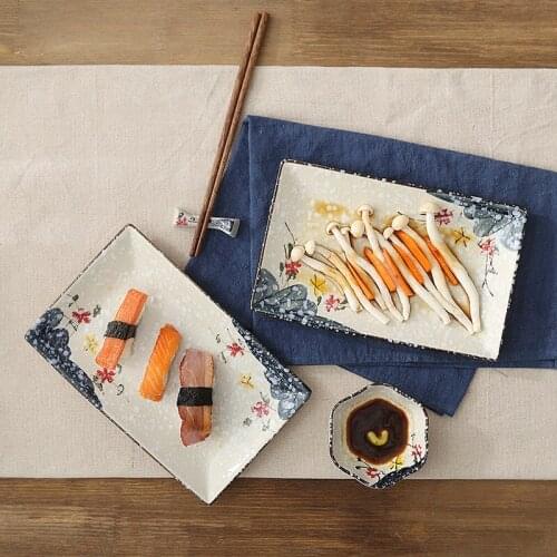 LingAo Japanese hand-painted glaze under the sushi ceramic plate for dessert plate fruit rectangular plate hotel porcelain table