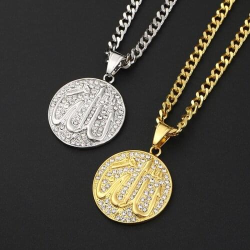 Mens Hip Hop Jewelry Rock Gold Color Micro Pave Full Rhinestone Arabic Words Round Religion Pendants Necklace for Men Jewelry
