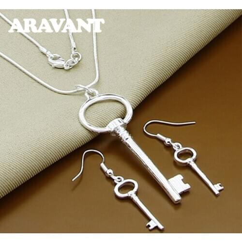 Wedding Jewelry Set 925 Silver Round Keys Pendants Necklaces Chain Earrings Sets For Women