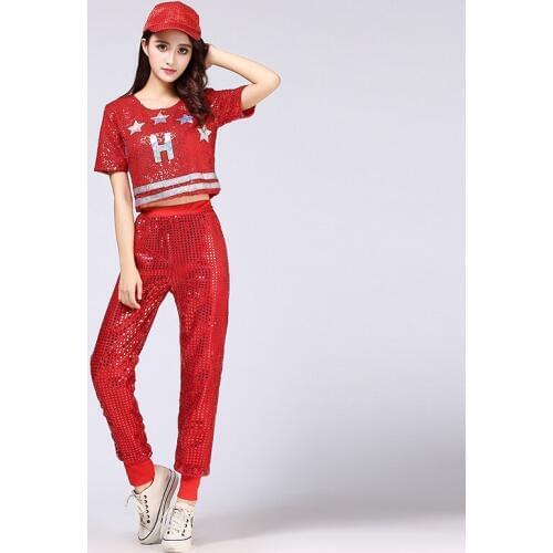 New jazz costume short sleeve shirt top dance long pant costume dance dress hip hop dance Sequins dress