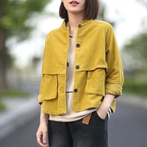 New Arrival Retro Short Stand Collar Long Sleeve Corduroy Jacket Autumn Striped Thick Yellow Female Coat Casual Loose Girls Tops