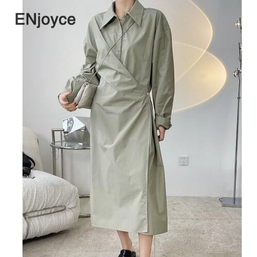 Women Fashion New Oblique Button Design Maxi Dress French Style High Waist Long Sleeve A-line Official Shirt Drsses Spring 2021