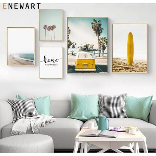 Ocean Landscape Canvas Poster Nordic Beach Yellow Bus Wall Art Travel Print Painting Decoration Picture Scandinavian Home Decor