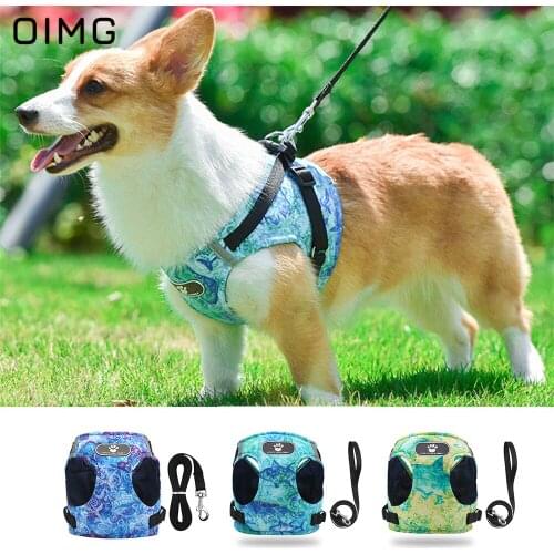 OIMG Walking Dog Leads Leash Set Ocean Print Reflective Adjustable Vest For Dog Harness Puppy Small Meduim Pet Supplies Teddy