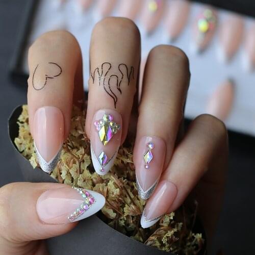 Luxury crystal cute New design Glitter V french Almond Fake nails nude Natural False nails with box press on nails
