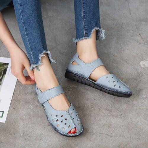 Womens Flats Beach Sandals Vintage Style Handmade Genuine Leather Female Shoes Summer Sandals Women 2019 Casual Mother Shoes