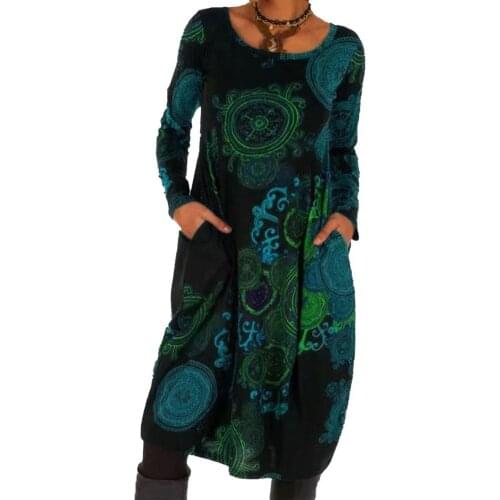 Womens Printed Sundress Bohemian Summer Knee-length Dress Casual Long Sleeve Vestidos Female Baggy Dress Robe Femme Plus Size