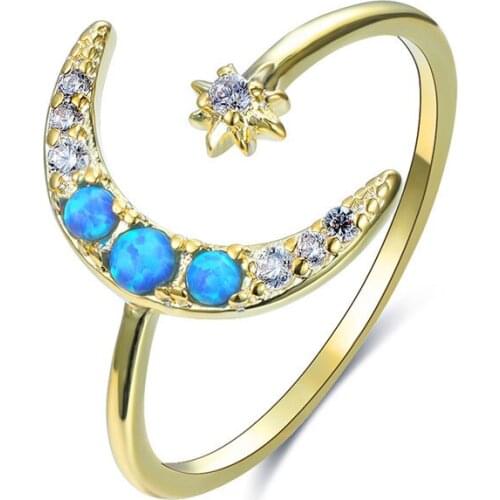 Blue/White Fire Opal Star Moon Opening Rings For Women Yellow Gold Filled CZ Stone Crescent Ring Female Wedding Party Jewelry