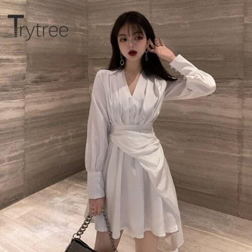 Trytree 2020 Spring Women Casual Dress V-neck Solid 2 Color Fashion Elegant temperament A-line Bandage Irregular Fairy Dress