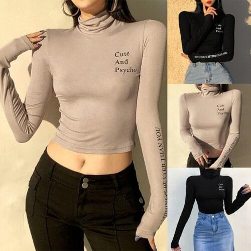 Womens Fashion Letter Print Slim High Neck Long Sleeve Bottoming Top